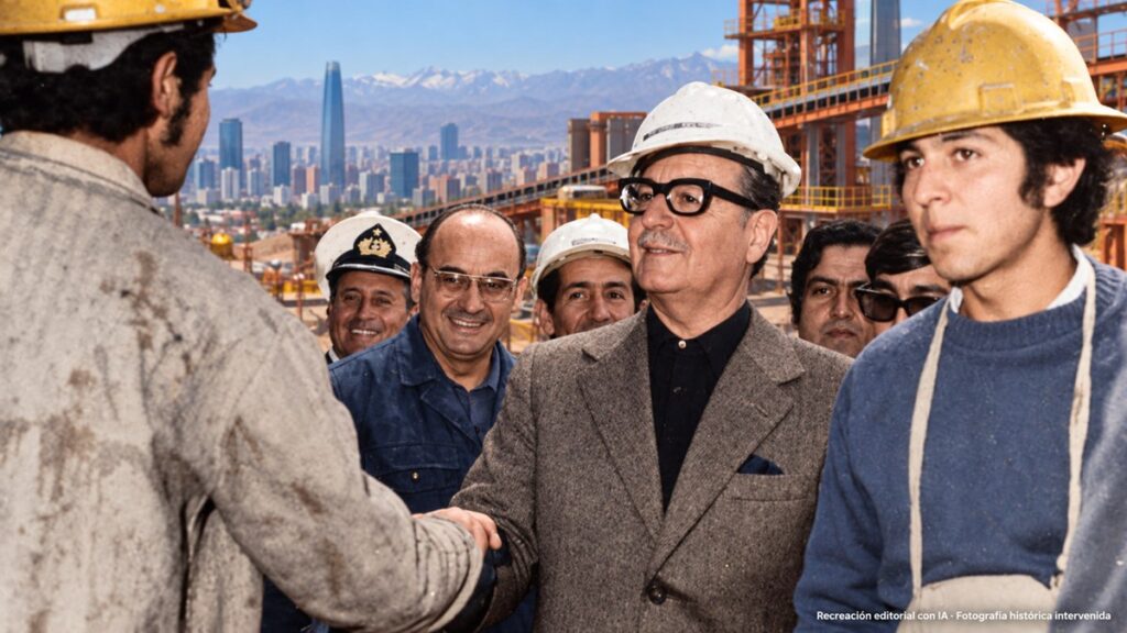 Recreación editorial con IA de Salvador Allende junto a trabajadores: fotografía histórica colorizada con ciudad contemporánea de fondo.