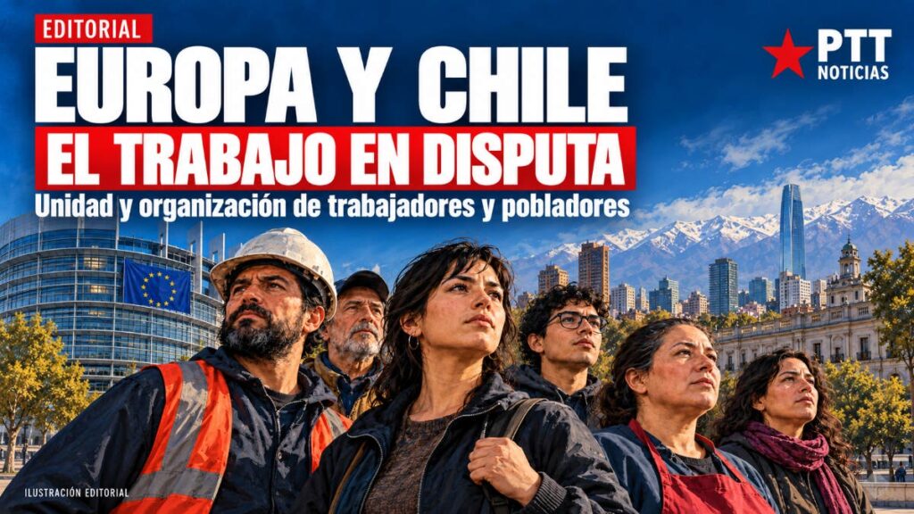 Ilustración editorial de PTT Noticias: trabajadores y pobladores, con referencias visuales a Europa y Santiago. Europa y Chile: el trabajo en disputa. Imagen creada con inteligencia artificial, no corresponde a una fotografía documental.