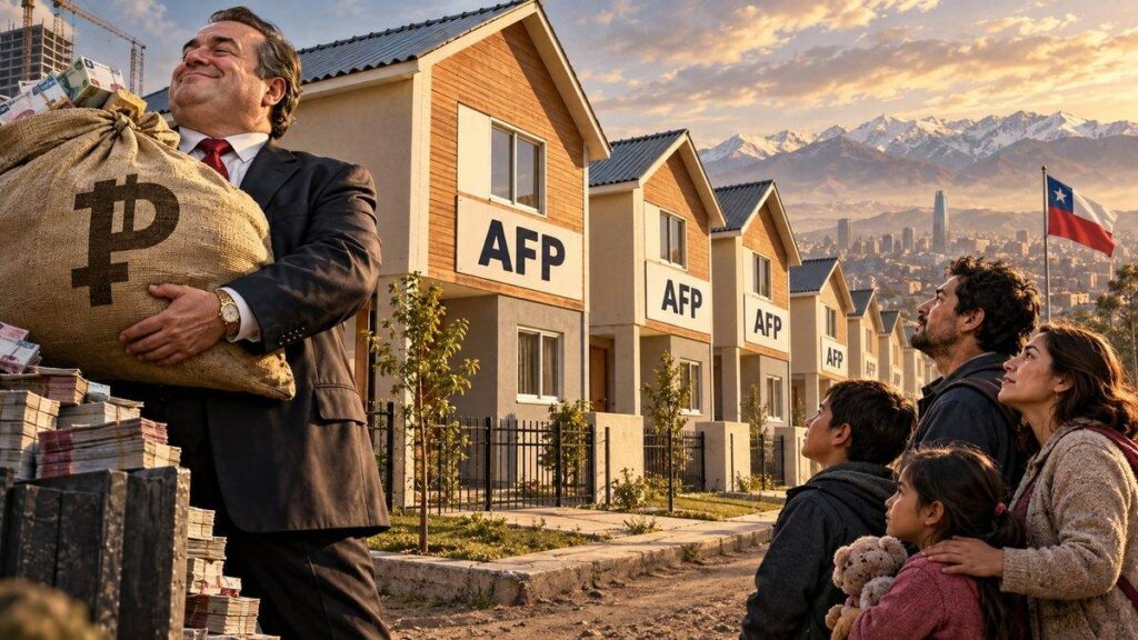 Ilustración editorial: familias ante viviendas identificadas con AFP y un financista con un saco de dinero.