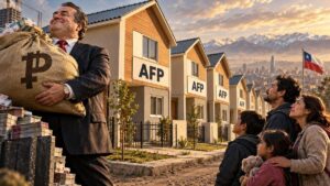 Ilustración editorial: familias ante viviendas identificadas con AFP y un financista con un saco de dinero.