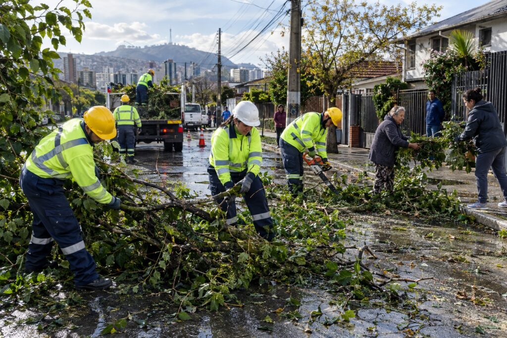 Trabajadores municipales despejan ramas y apoyan a vecinos tras un temporal en Santiago